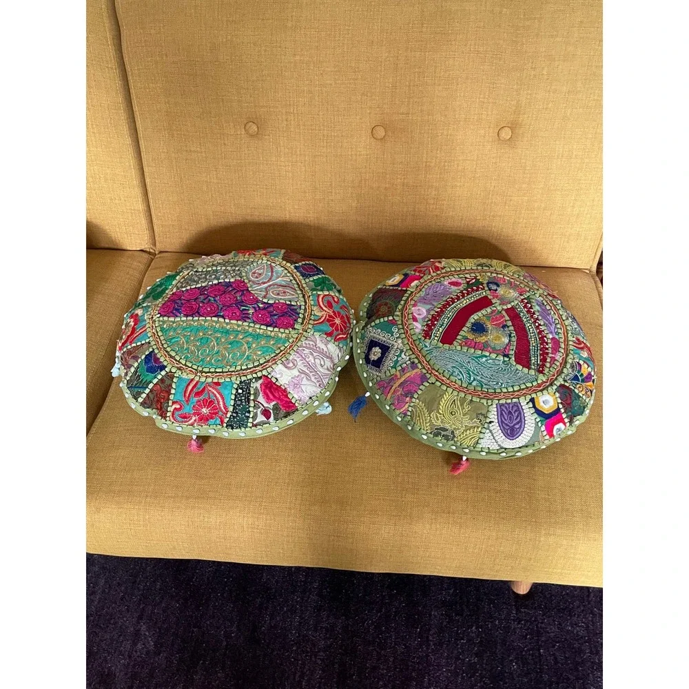 4 Handmade Indian Round Sari Patchwork Tassel Pillows 16